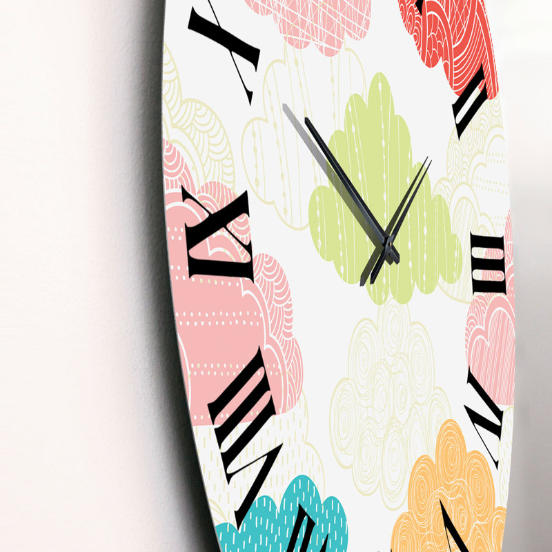 Bleu, orange, vert et nuages roses - Horloge murale à motifs, Moyen