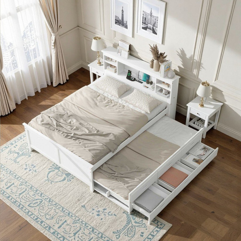 Structure de lit moderne avec rangement pleine grandeur moderne blanc avec station de charge et lit gigogne simple - 3 tiroirs, tête de lit en bois massif
