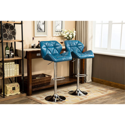 Contemporary Adjustable Height Blue Bar Stools, 2Pcs - Pu Leather Seat And Foot Rest For Optimal Comfort Stools In Blue, 2 With Swivel Added Support