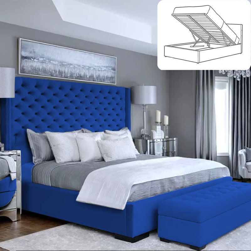 Thielsen Chesterfield Ottoman Storage Bed - Plush Velvet Gas Lift Bed Frame with Headboard, Blue, Kingsize (5')