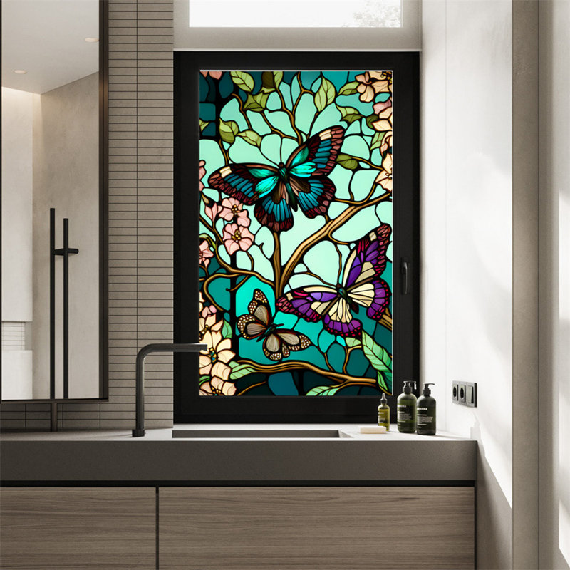 Butterfly Stained Glass Window Film Uv Blocking Non-adhesive Window Film Window Decals Static Clings, 100 cm L x 60 cm W