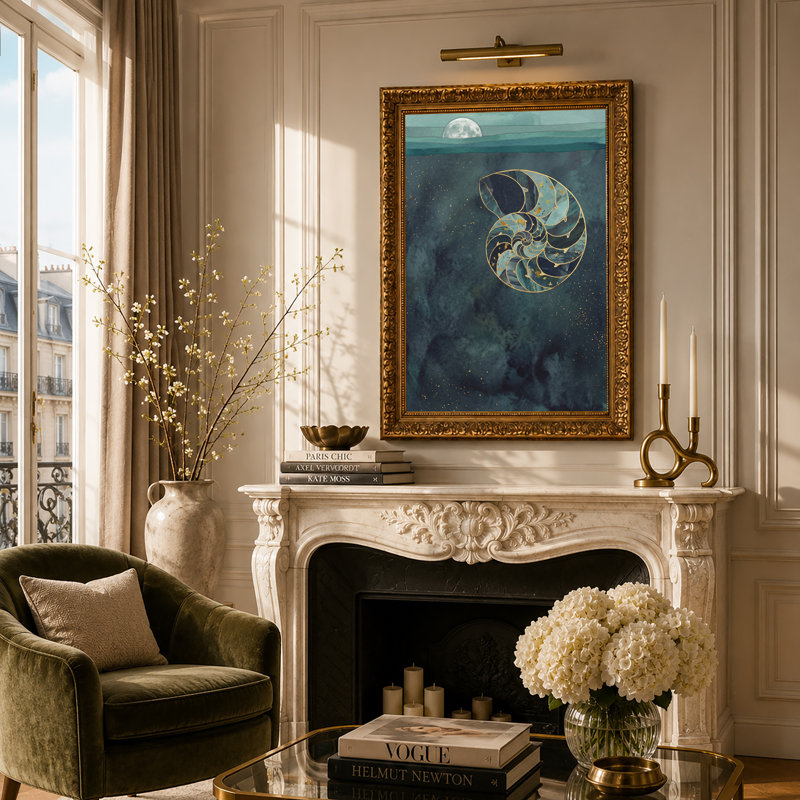 Toile dorée sur fond bleu marine, H 30 po x l 20 po