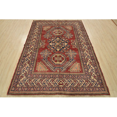 Tapis oriental rouge en laine noué à la main 6 pi 4 po x 8 pi Kazak Kazak