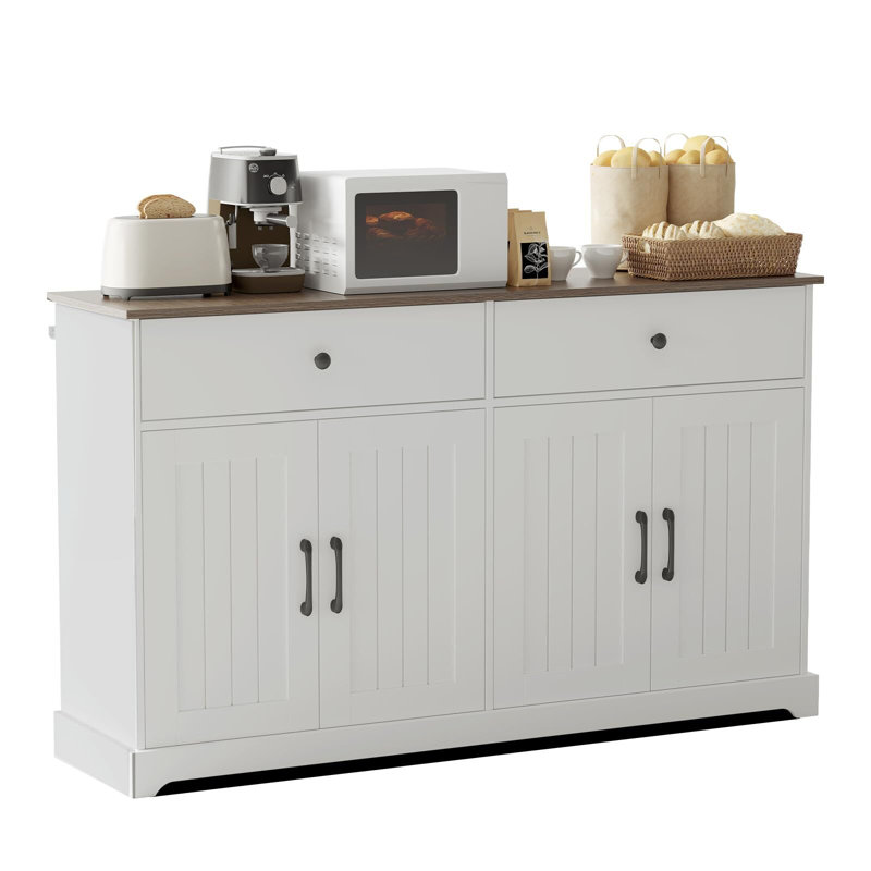 Armoire de rangement à buffet 56 "de large, armoire de rangement de style campagnard avec tablette réglable, tiroirs et portes de grange, table basse de bar en bois pour le vestibule du salon
