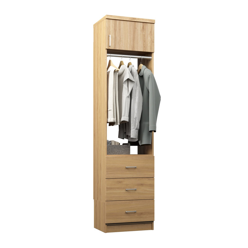Natural Oak 19.5" Floor-Mounted Closet Section with Slab Doors, 1 Clothing Rod, 1 Shelf & 3 Slab Drawers, 19.5, Natural Oak
