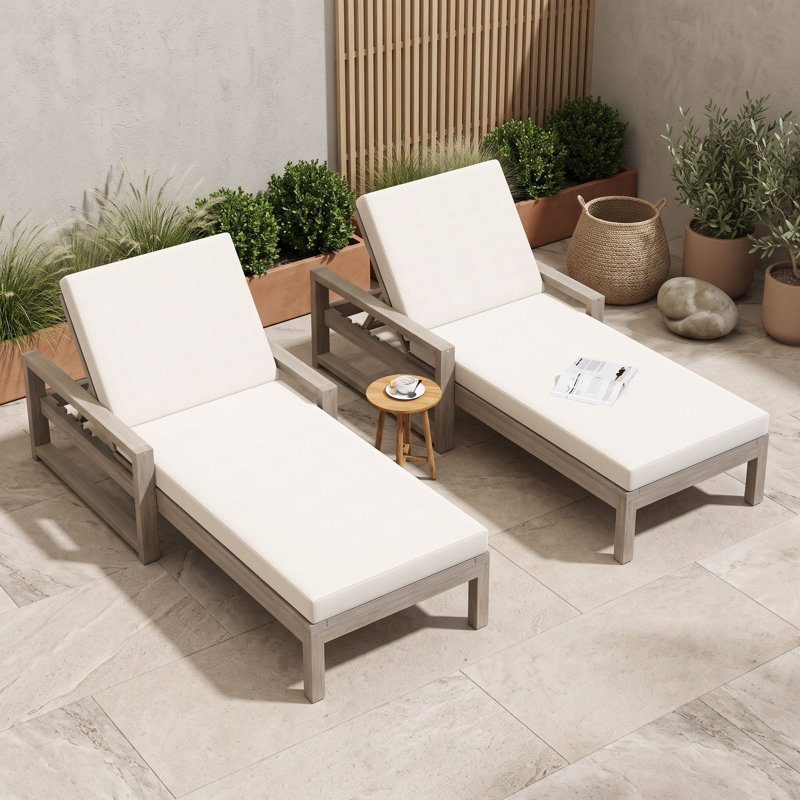 Chaises longues d'extérieur en bois à 5 positions avec coussins, dossiers réglables et accoudoirs intégrés, Grey