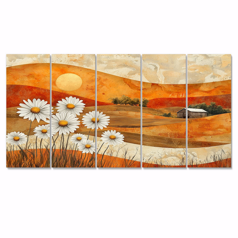 «Daisies Flowers Barn Bold Landscape I - Daisies Wall Art», ensemble de décorations murales traditionnelles, 5
