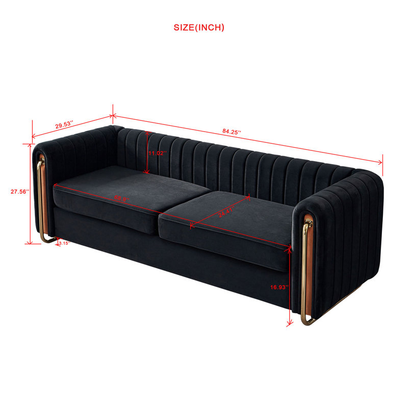 84.25" Modern Tufted Velvet Round Arm Sofa, Black Velvet