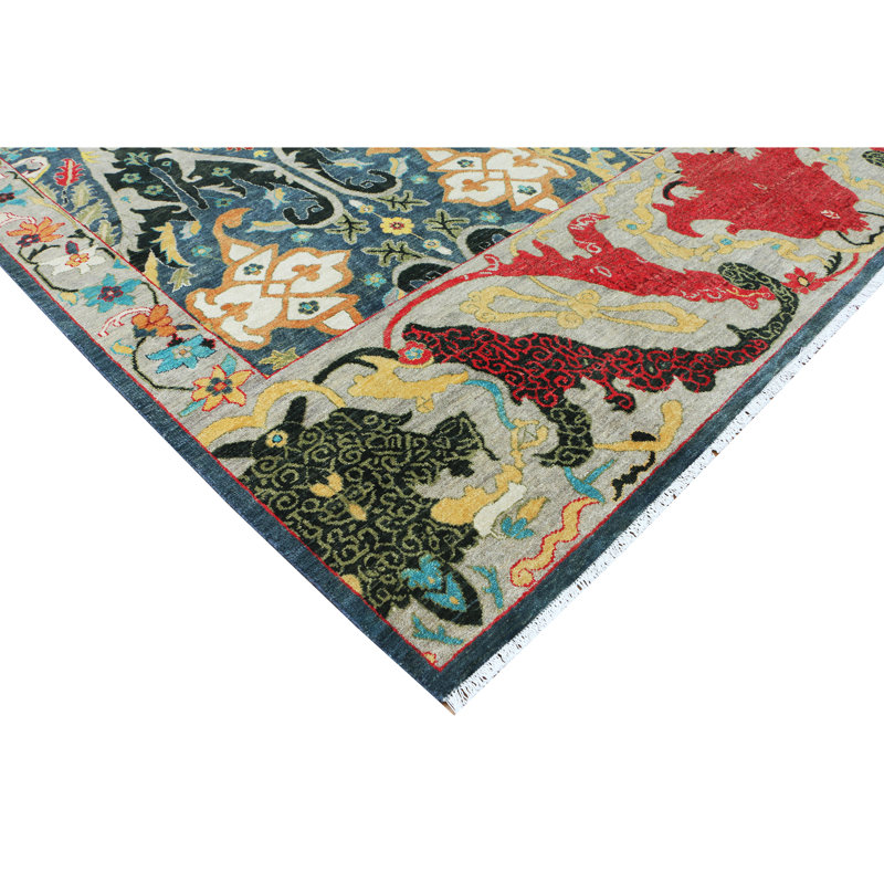 Hand Knotted Wool Geometric Area Rug in Blue/Beige/Red, Rectangle 9' x 12'