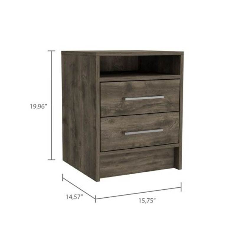 Table de chevet Eter, plateau supérieur, deux tiroirs et tablette ouverte, Brun foncé