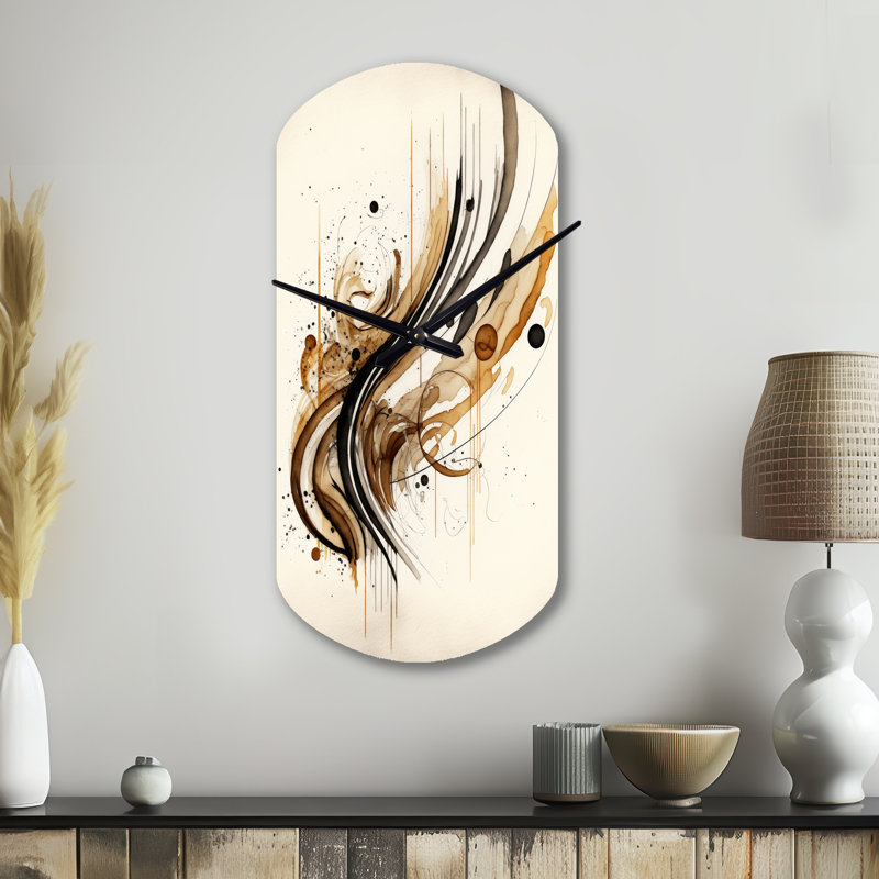 Mouvement brun et noir I - Minimalisme, horloge murale asymétrique en métal, impression d'horloge de forme unique brune