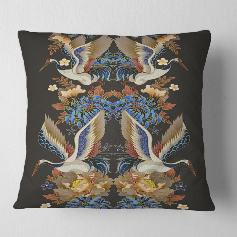 Carré, chinoiserie avec oiseaux et pivoines - coussin décoratif traditionnel imprimé, 18" x 18"