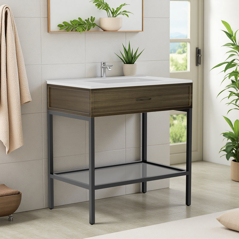 Meuble-lavabo autoportant avec comptoir en marbre d'ingénierie intégré - Conception élégante avec lavabo simple avec élégance moderne et rangement fonctionnel