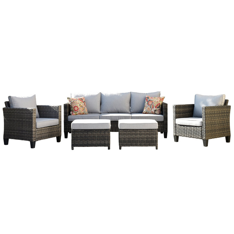 Premium All-Weather Wicker 5 - Person Patio Conversation Set with Cushions, Gray