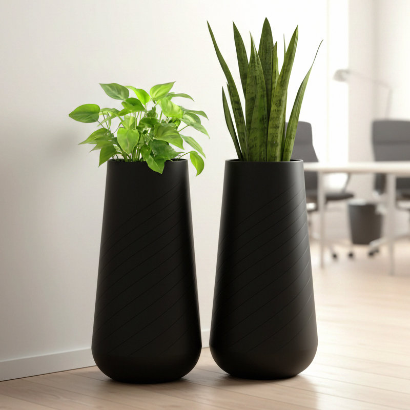 Ensemble de 2 grands pots de fleurs décoratifs blancs à arrosage automatique pour l'intérieur, pot à fleurs noir de 27 pouces de hauteur avec pot de colonne, trou de drain