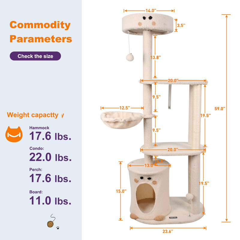 Arbre à chat et hamac en fausse fourrure multi-niveaux avec hamac GOOPAWS, Crème, crème