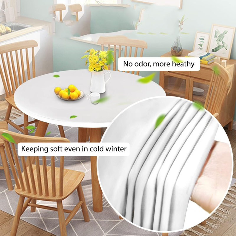 Double Design PU Round Tablecloth, Anti-Tear Wipeable Elastic Round Tablecloth (White, 40"-44" Round)