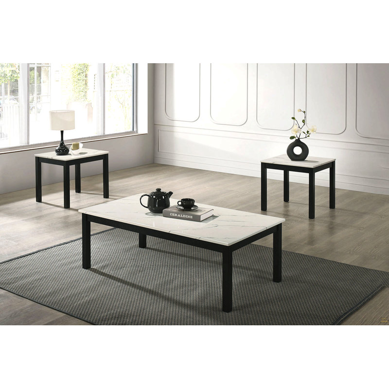 Ensemble de table 3 pièces 1 table basse 1 table de bout 2 pieds en marbre, Blanc