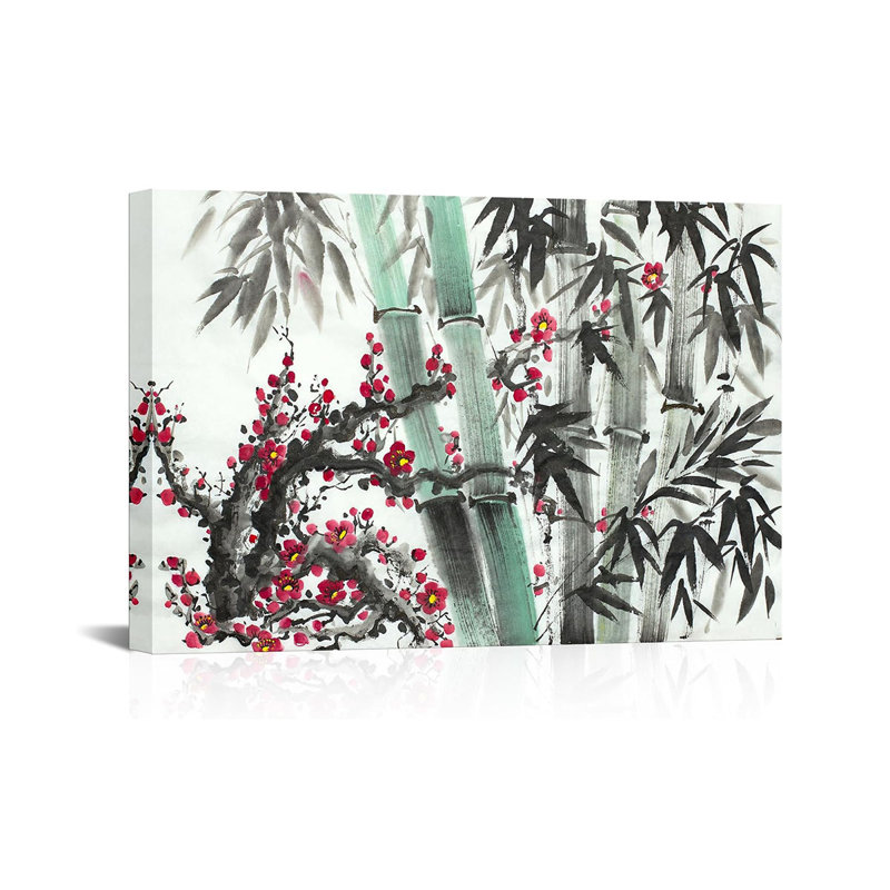 Chinese Ink Canvas Wall Art Asian Bamboo And Red Plum Blossom Painting Pictures For Home Decor Living Room Bedroom 16X24inch
