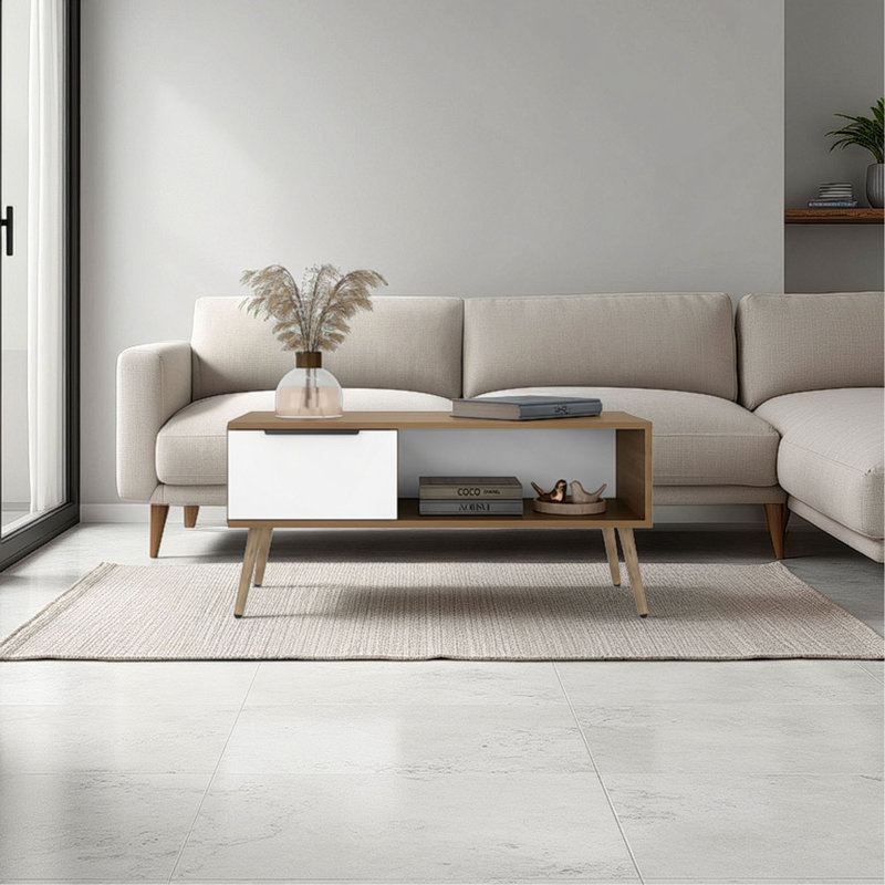 Table basse Basset, 1 tiroir, 1 tablette, 4 pieds, chêne naturel / blanc, Beige / Blanc