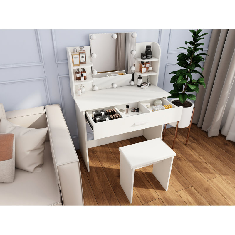 Vanity Table With One Drawer, Adjustable Mirror, Ample Open Shelves, Comfortable Stool, Modern Design, Ancient White, Particle Board + , 50.06 In Height Drawer Mirror Table, Storage, Matching Elegant