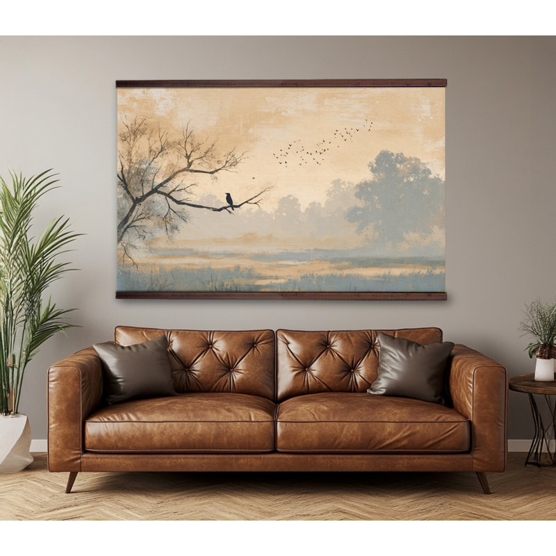 «Bird on Branch Landscape», reproduction d'art sur toile panoramique encadrée, H 40 po x l 60 po