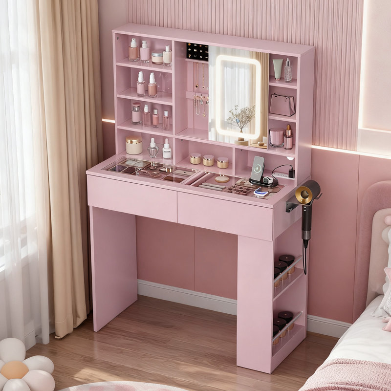 Lighted Vanity Table - 3-Color Dimmable Touch Mirror, Glass Top, 2 Drawers, Pink