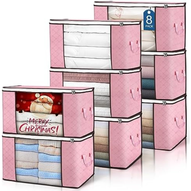90 grands sacs de rangement, paquet de 8 bacs de rangement pour vêtements, organisateurs de placard pliables avec poignées et rangement durables, couverture, édredons, draps, oreillers et jouets (rose)
