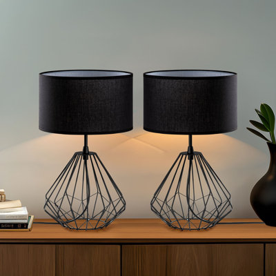 Industrial Table Lamp Set (2 Pieces), Black Metal Body, 9.8 x 9.8 x 16.9 inches | Fabric Cap, 7.9 inches Diameter, 78.7 inches Cable with On/Off Switch | Perfect for Modern Home Decor & Office Lighting, Max 40W E27 Socket