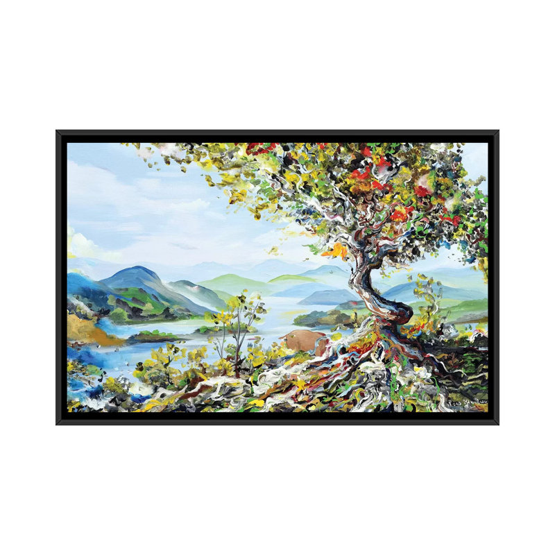 " Tree With Mountains " Oil, 18" H x 26" W x 1.5" D, Black Framed Canvas, No Mat
