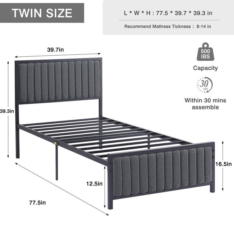 Set of 2 Twin Size Upholstered Bed Frames with Soft Padded Headboards, Heavy-Duty Metal Slat Platform Beds, Underbed Storage Storage,Gray