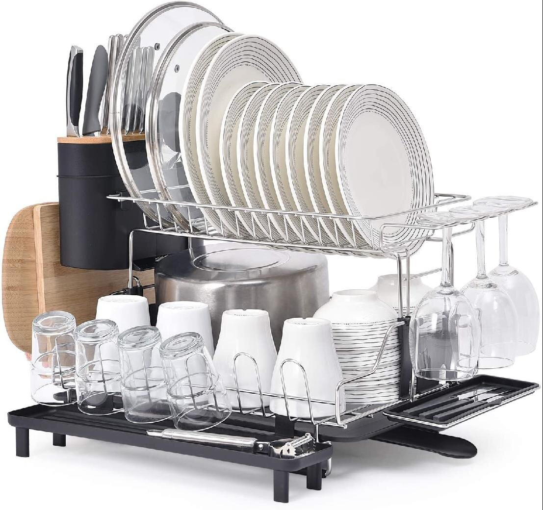  BOOSINY Dish Drying Rack and Drainboard Set for Kitchen  Counter, 2 Tier Large Stainless Steel Sink Organizer Dish Racks with Cups  Holder, Utensil Holder, Dish Strainer Shelf (Black)