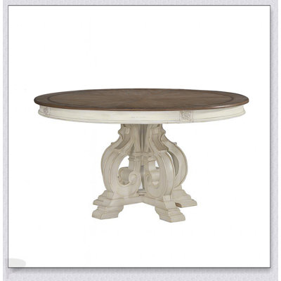 Table de salle à manger ronde à piédestal traditionnel au fini blanc antique, alliant élégance et efficacité dans toute salle à manger