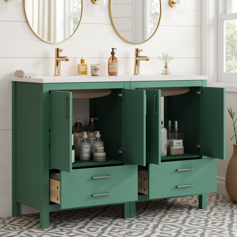 Meuble-lavabo double 48 po avec deux lavabos en céramique, 2 tiroirs et 4 portes à fermeture en douceur