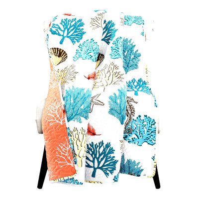 Seaside Serenity Reversible Quilted Throw Blanket - 50"x60" Blue Coral Seahorse Design for Bed, Couch, or Chair"