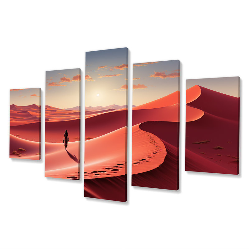 Dunes de vermillon rouges et jaunes «Desert Wanderer II» - art mural multi-panneaux du désert pour le salon