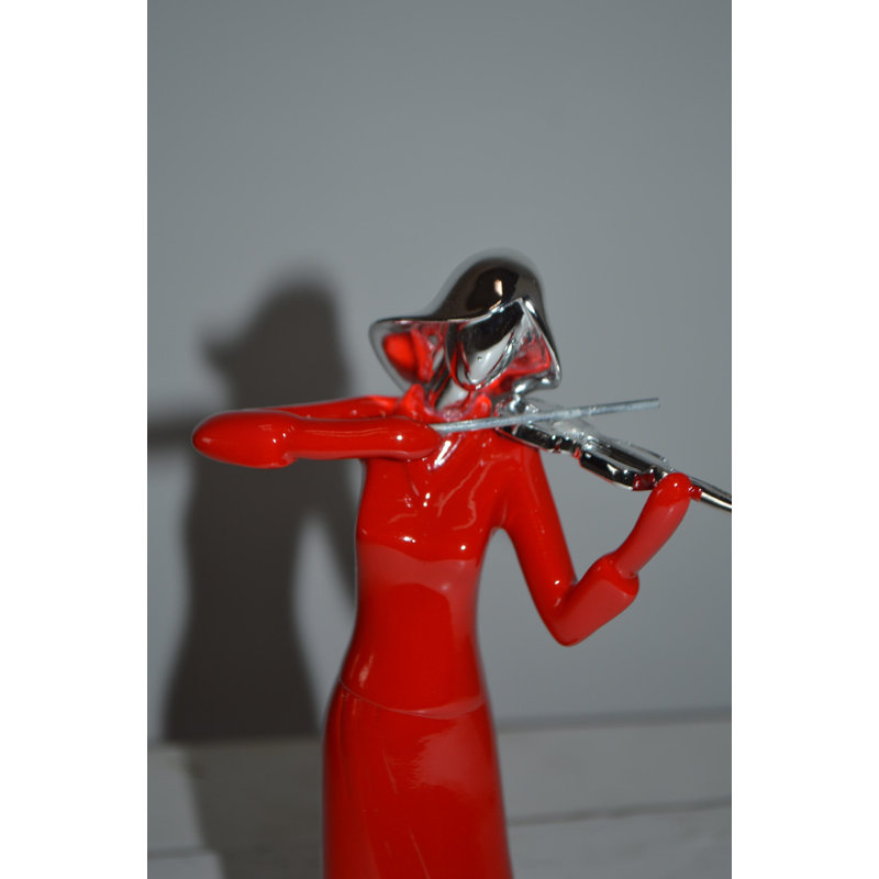 Women Playing Violin Red & Chrome Resin Statue - Amabella Perfect Home Decor Sculpture, 5"Lx4"Wx12"H, Red