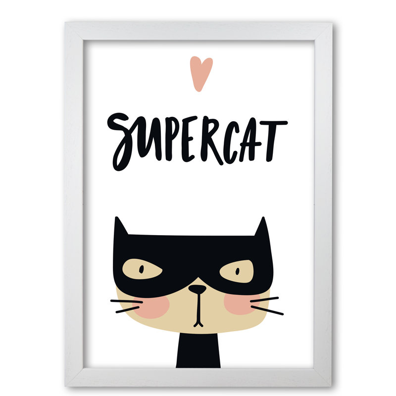 Supercat - Print, 85 cm H x 60 cm W x 5 cm D, White Grain Frame