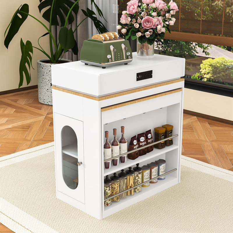 Îlot de cuisine contemporain avec roulettes, ports de charge intégrés et plateau de table pliable Contemporary, Blanc crémeux