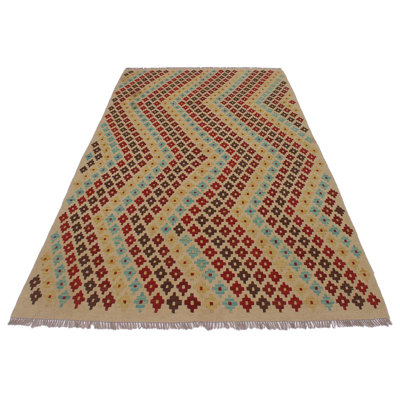 Tapis brun / brun clair / rouge en laine fabriqué à la main 5 pi 1 po x 6 pi 8 po Madee