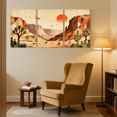 Paysage et nature, paysage désertique avec cactus et coucher de soleil, ensemble de 3 impressions sur toile