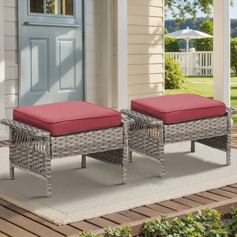 Ensemble de 2 repose-pieds d'extérieur en osier de patio en rotin avec coussins pour cour ou terrasse, Rouge