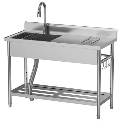 Gray 47"x22" Freestanding Stainless Steel Utility Sink – Single Bowl with Pull‑Down Faucet & Large Workbench Top – For Garage, Mudroom & Basement