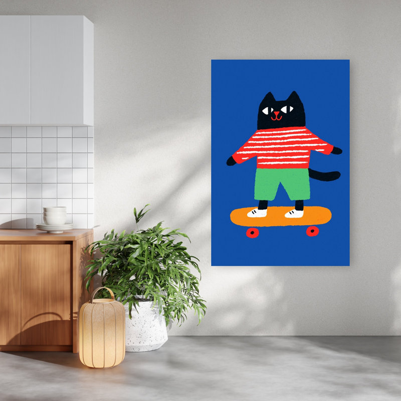 Skating Cat Playful Contemporary Cat Wall Art Print by Treechild - Wrapped Canvas Print, 152.4cm H x 101.6cm W