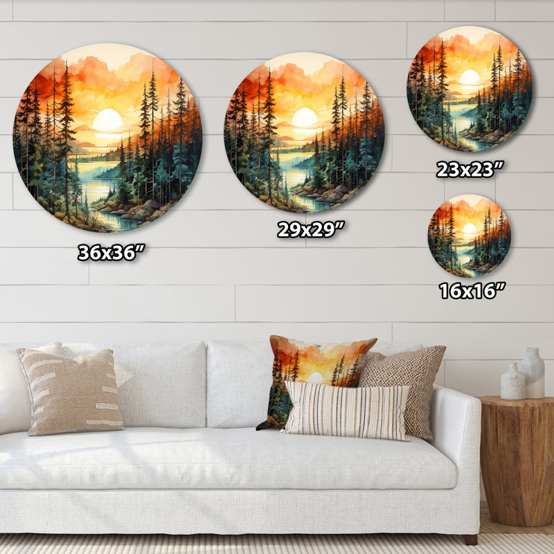 Pin coucher de soleil brillant II - art floral rond en métal, H 16 po x l 16 po