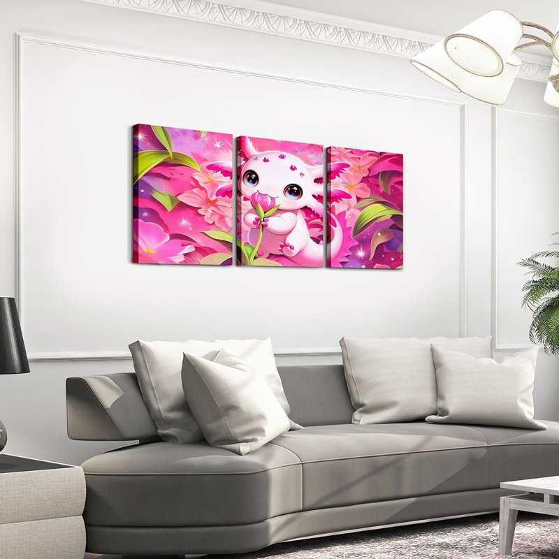 Kids Floral Axolotl Canvas Wall Art Set of 3 Teen Girl Cute Axolotl Wall Decor Romantic Sea of Flowers Framed Paintings Artwork Girly Pink Sea Ocean Animal Poster Prints 12x16 Inch