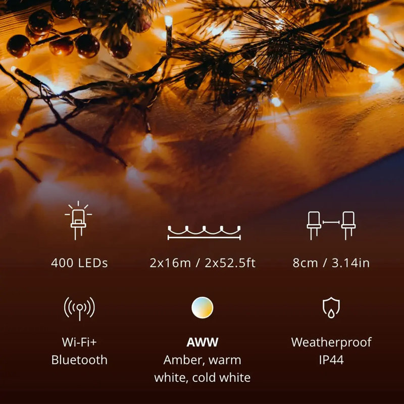 Twinkly Smart Decorations 400 LED Amber/White App Control String Lights