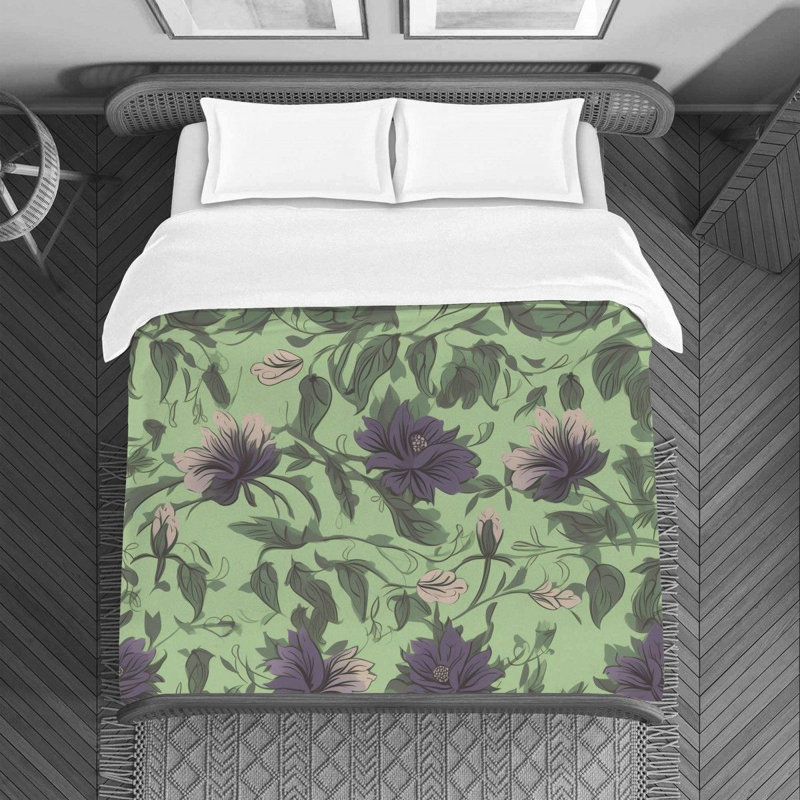 Housse de couette en microfibre à motif floral vert / mauve, Housse de couette très grand