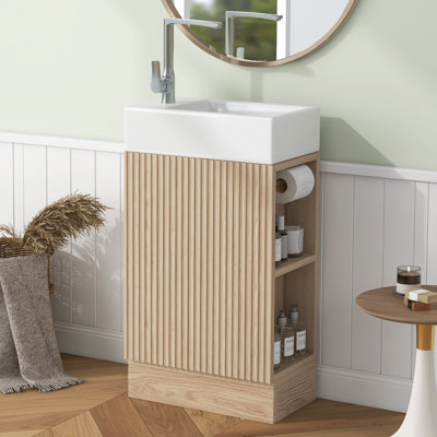 Meuble-lavabo naturel 18,6 po avec lavabo, armoire en panneau de fibres à densité moyenne et tablette à deux niveaux, montage à gauche / droite