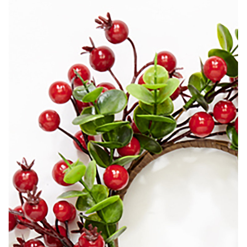 Anneau de bougie pilier avec baies rouges de Noël et feuilles d'eucalyptus artificielles de diamètre intérieur, 3